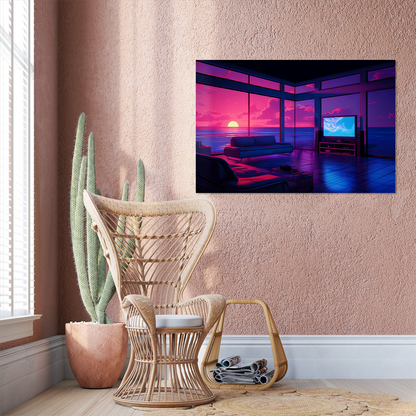 Neon Synthwave Ocean View Room Poster, Vaporwave Sunset Interior Canvas, Lofi Chill Wall Decor