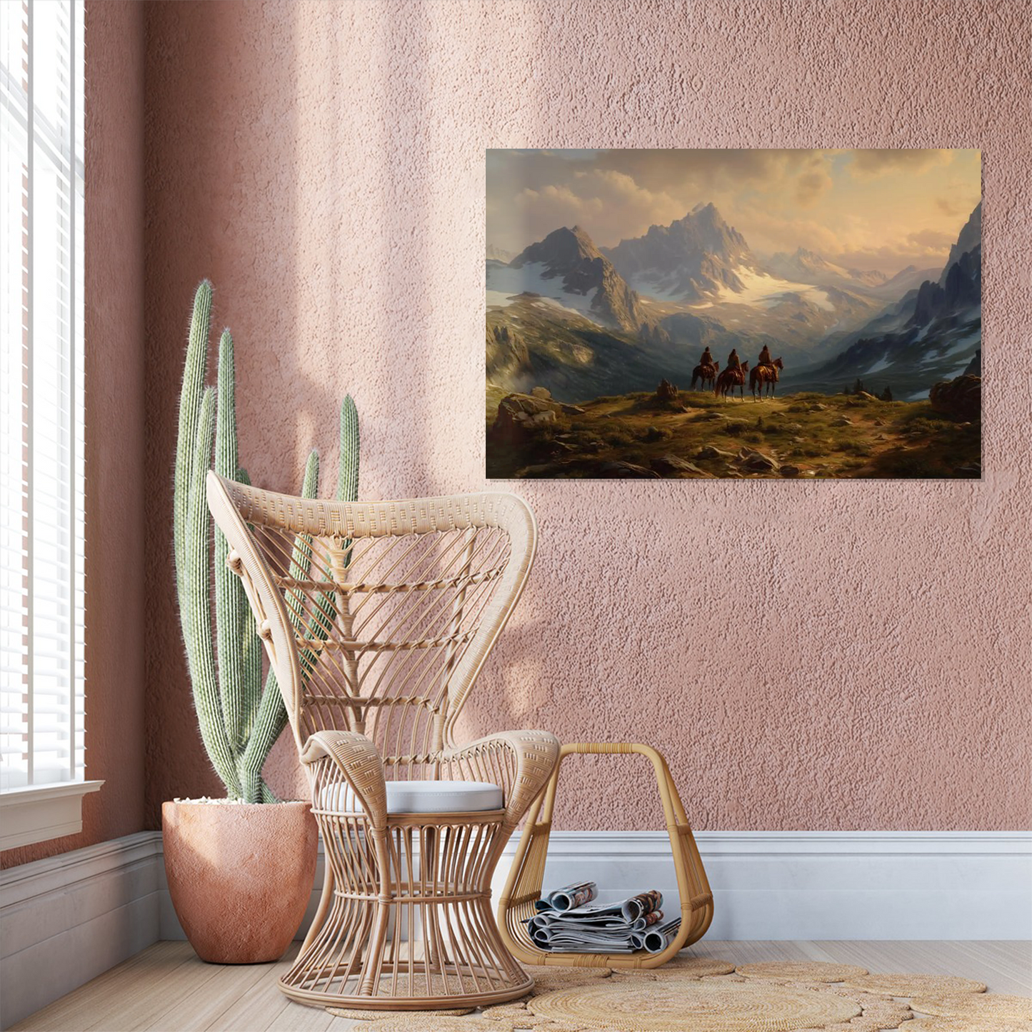 Western Mountain Landscape Art Print, Vintage Cowboys on Horseback, Rugged Wilderness Poster