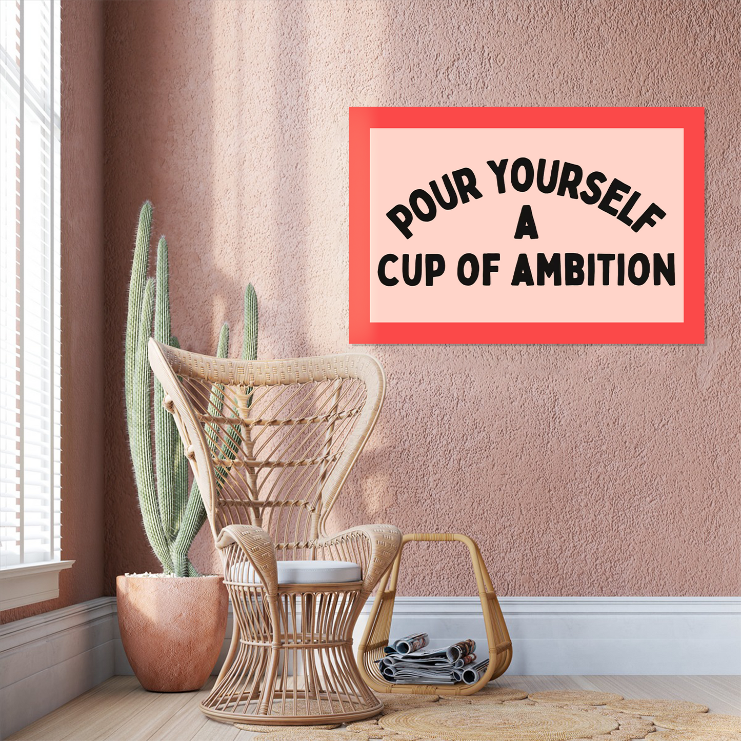 Pour Yourself A Cup Of Ambition Print Retro Pink And Red Dopamine Decor Motivational Poster Bold Office Desk Decor Funny Sarcastic Wall Art