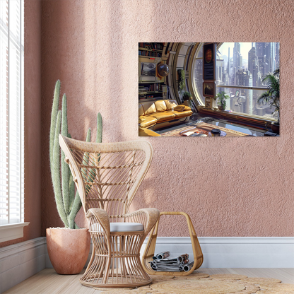 Futuristic Sci-Fi Apartment Art Print, High-Tech Cityscape Window View