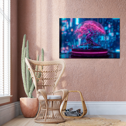 Neon Bonsai Tree Canvas Wall Art : Futuristic Nature Room Decor