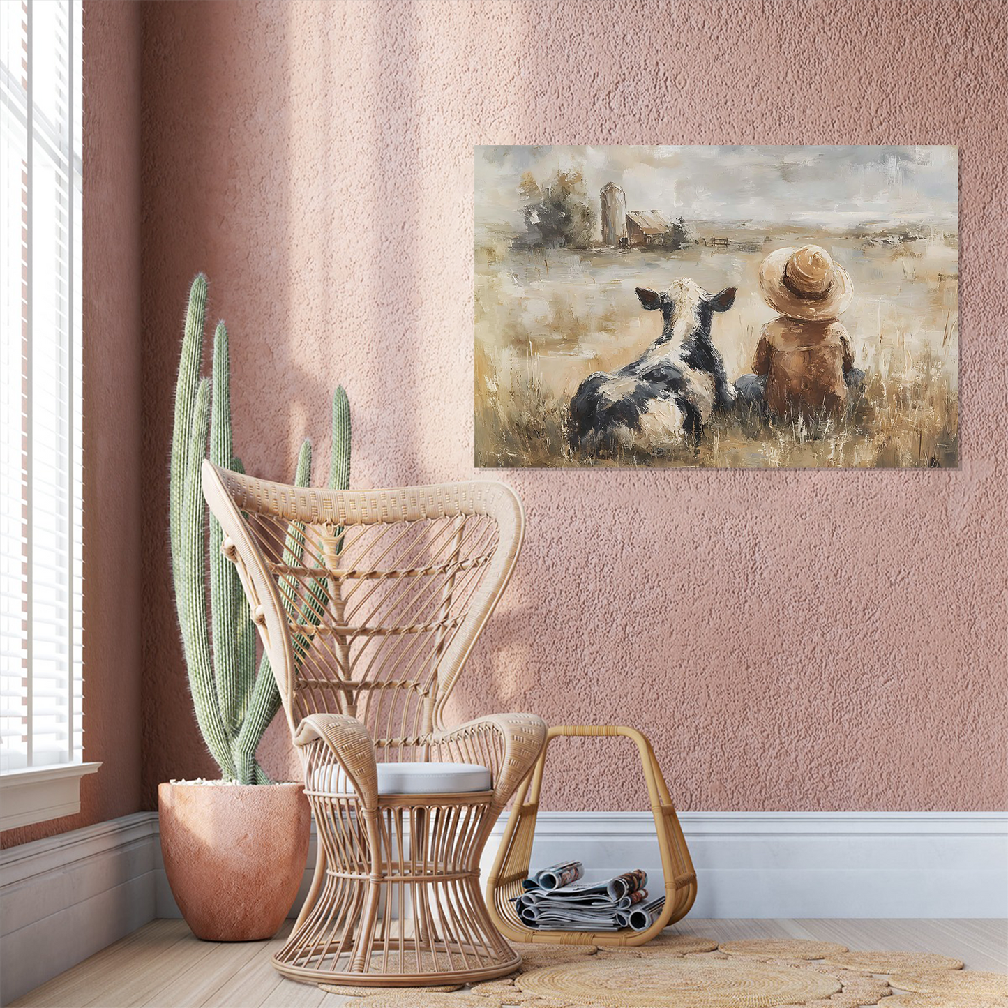 Rustic Farm Boy and Cow Wall Art, Country Barn Landscape Print, Vintage Style Farmhouse Poster
