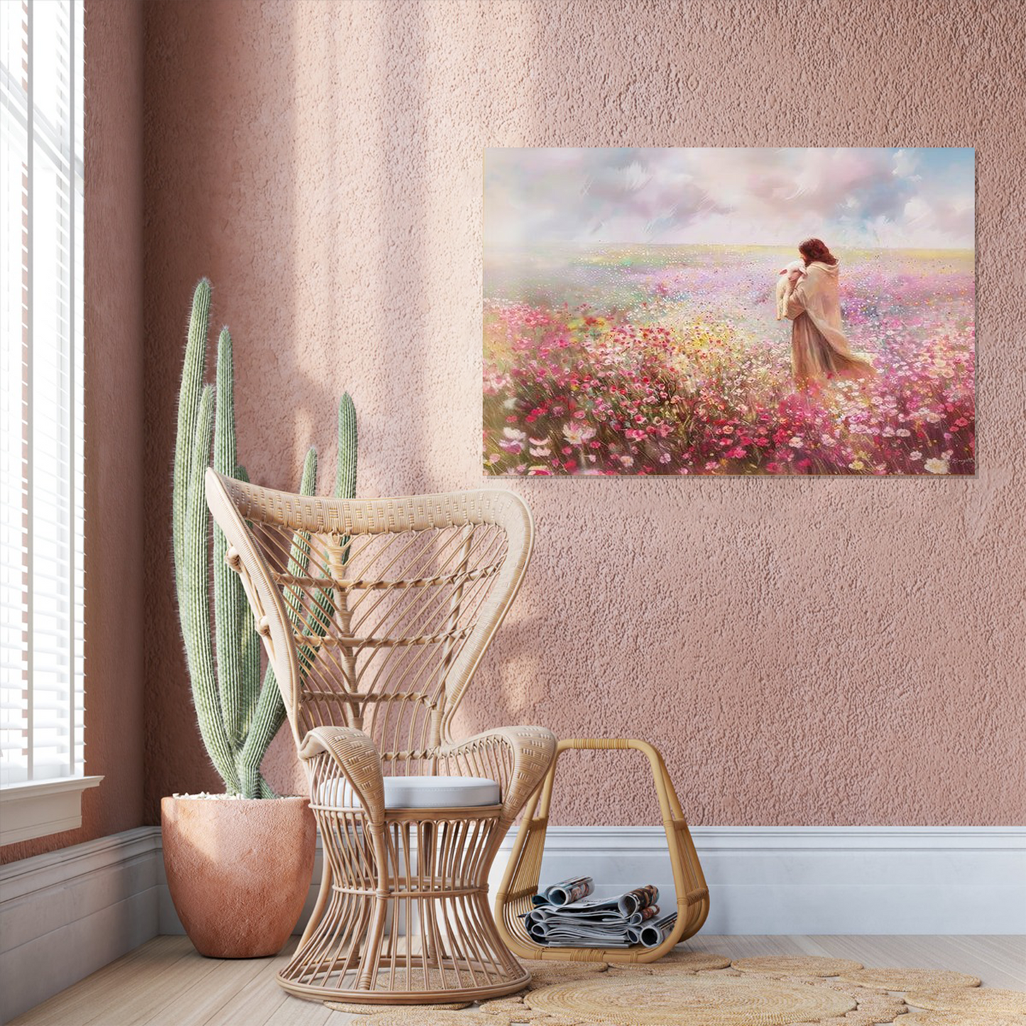 Jesus Embraces Lamb Canvas Wall Art, Pink The Lost Lamb Size 24''x36''