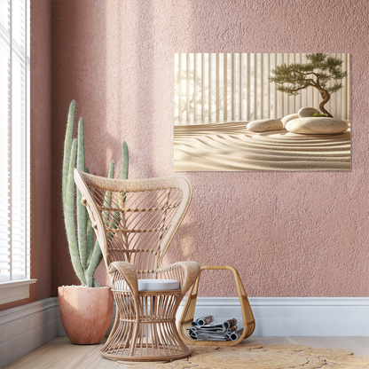 Zen Garden Serenity Poster – Japanese Minimalist Wall Art – Rock and Bonsai Tree Poster