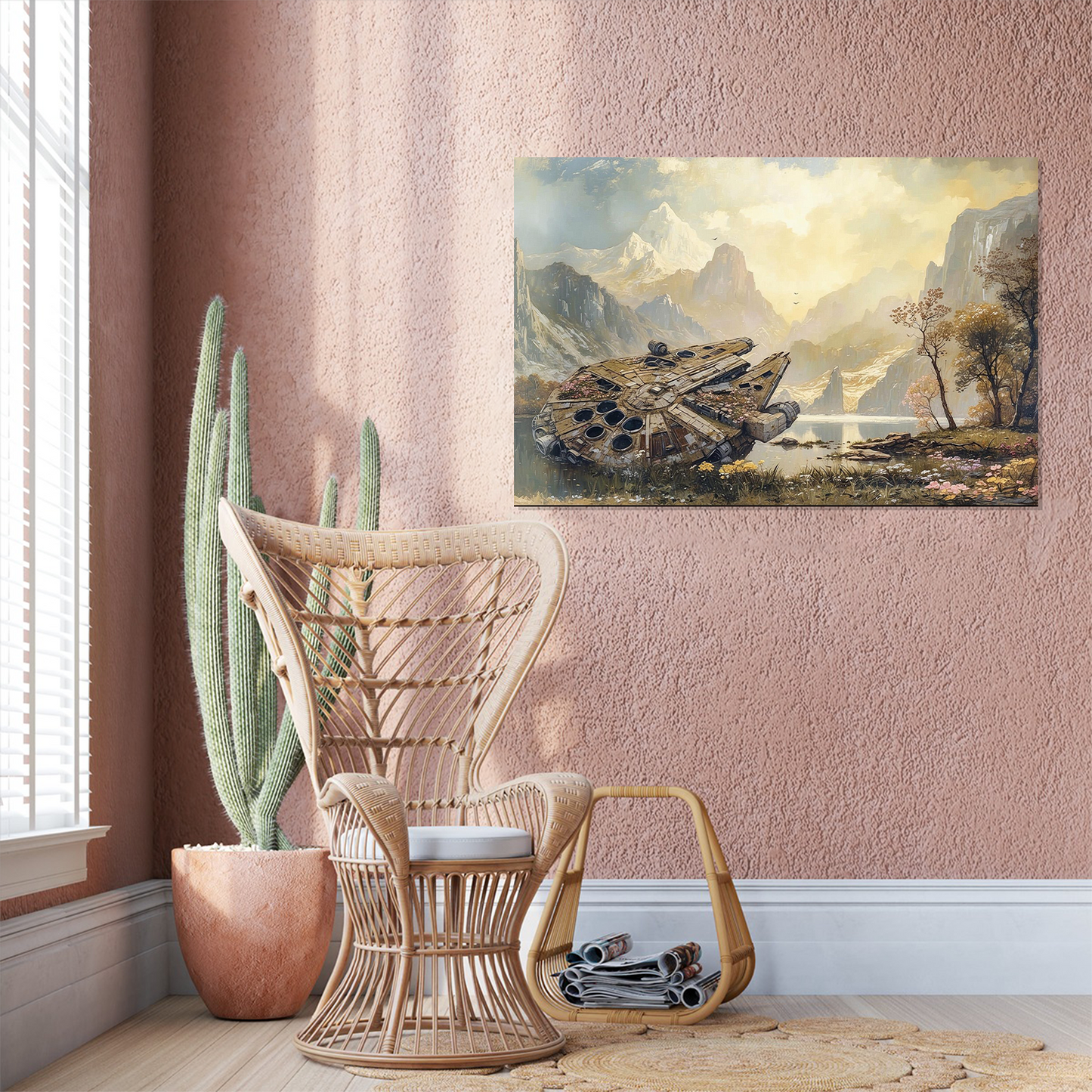 Millennium Falcon in a Swamp Wildflower Landscape Painting, Sci-fi Fan Wall Art