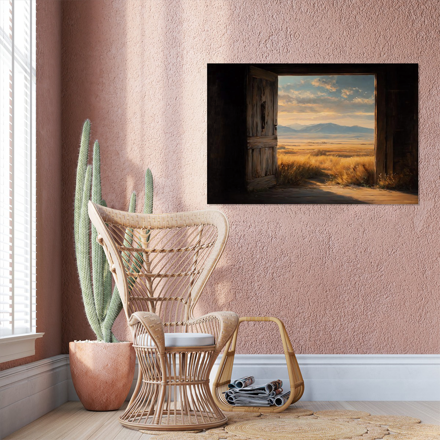 Montana Ranch Landscape Wall Art, Open Barn Door View of Golden Prairie and Mountains, Rustic Western Country Print for Farmhouse Decor