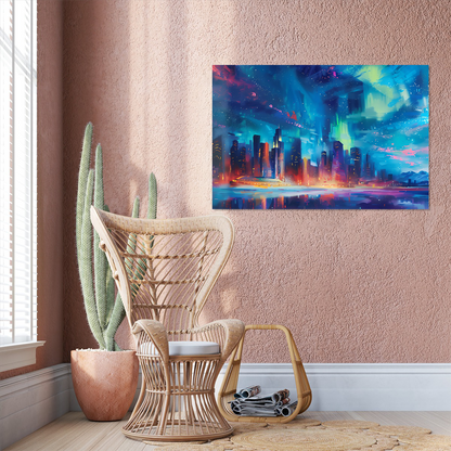 Futuristic Cityscape Digital Download – Cyberpunk Wall Art – Neon Aurora Borealis Print – Sci-Fi Landscape Poster – Night Sky Decor