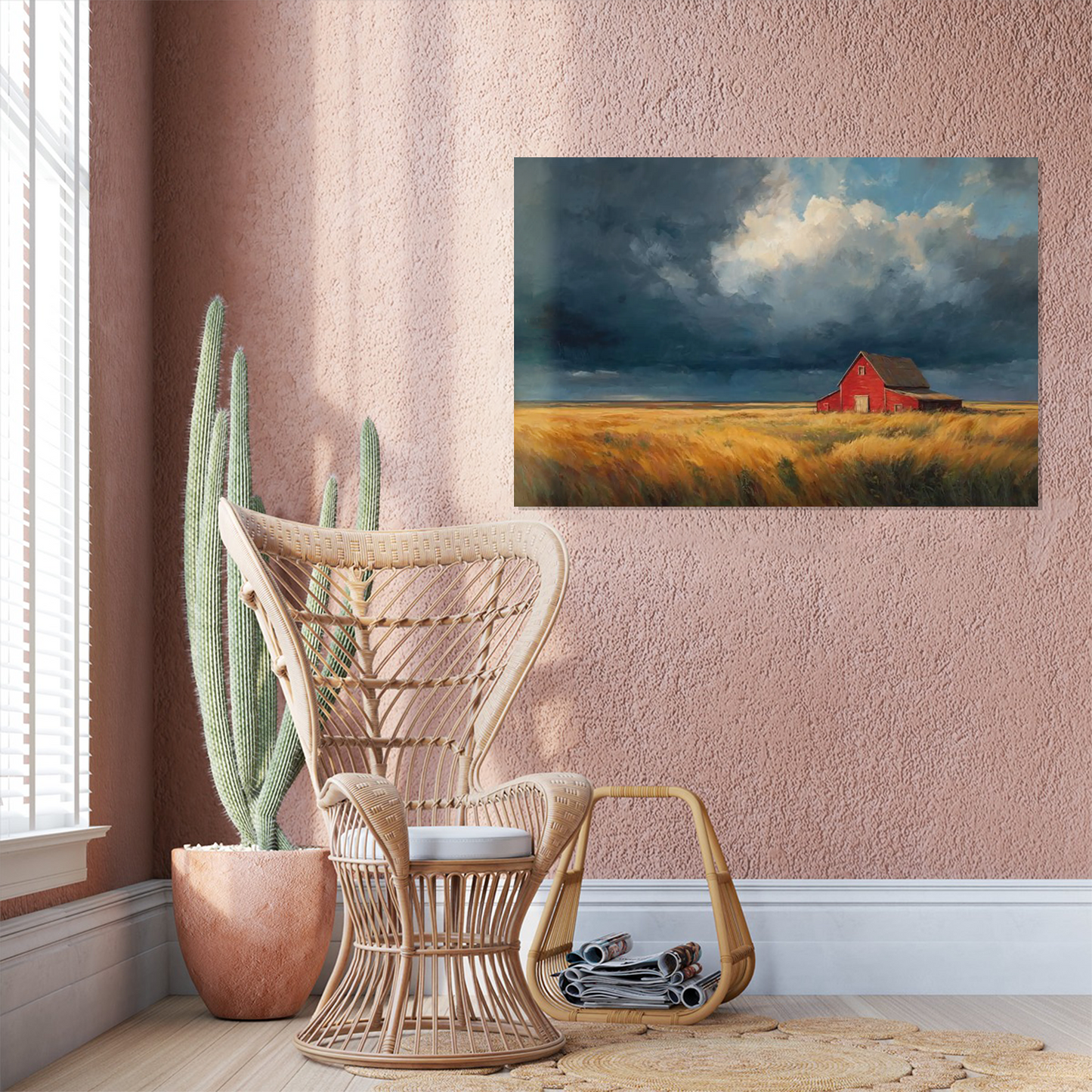 American Red Barn Landscape Wall Art, Rustic Midwest Countryside Poster for Farmhouse or Office Decor