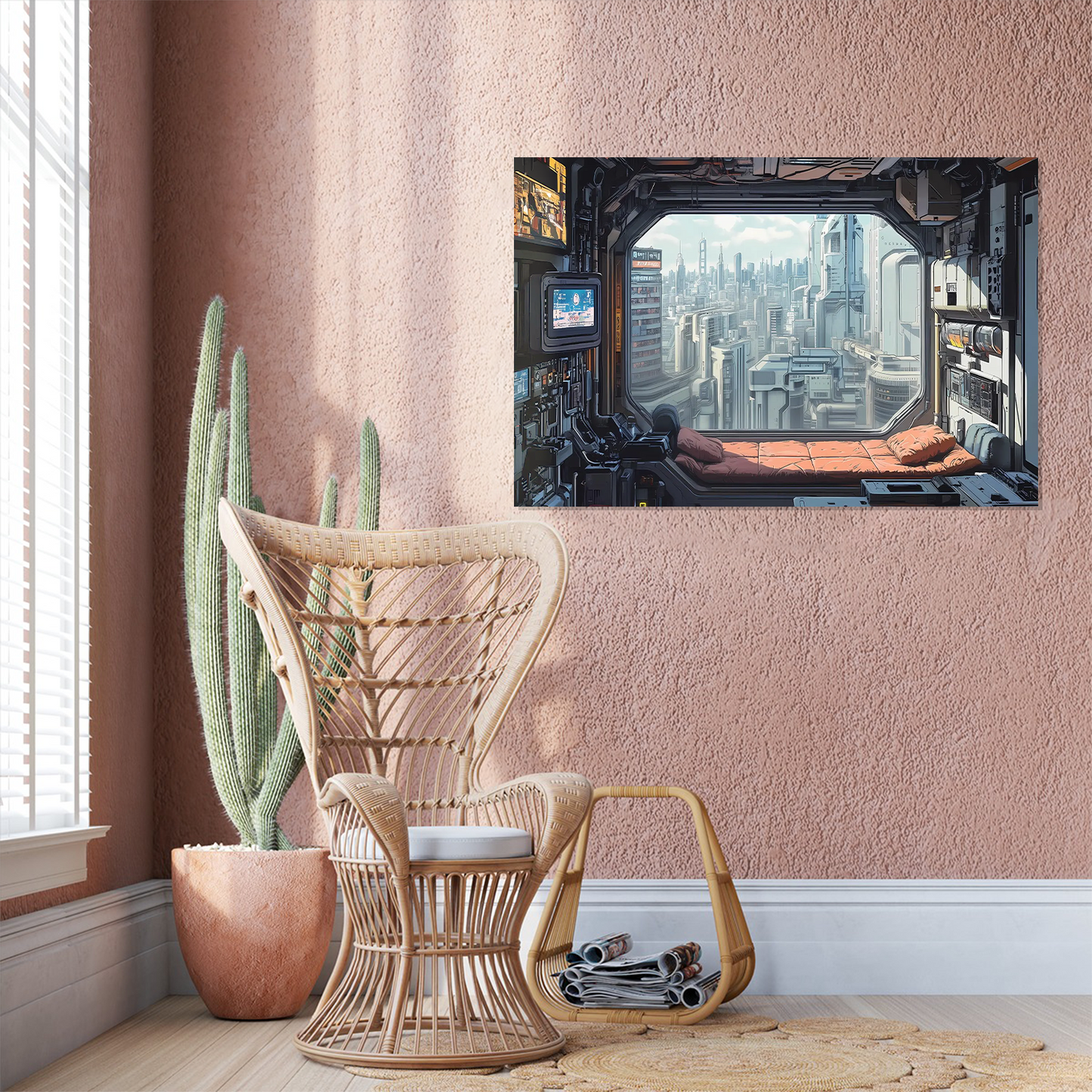 Cyberpunk Apartment Wall Art - Futuristic Cityscape Window View from High-Tech Interior