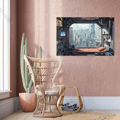 Cyberpunk Apartment Wall Art - Futuristic Cityscape Window View from High-Tech Interior