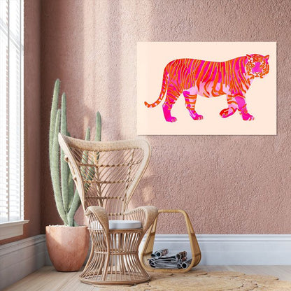 Pink Orange Tiger Wall Art Funky Cute Preppy Animal Poster Trendy Hot Pink Aesthetic Painting Prints for Girly Dorm College Size 24''x36''