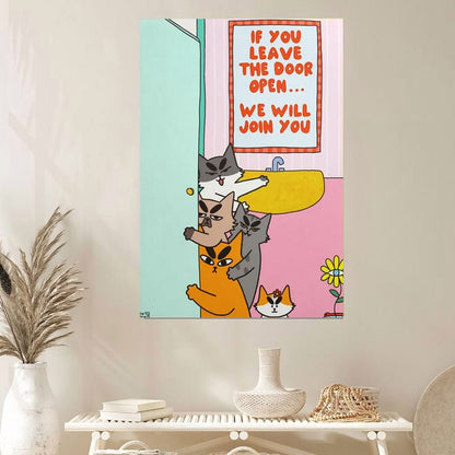 Pastel Bathroom Wall Art, Humorous Cat Illustration Poster Full Size 24''x36''