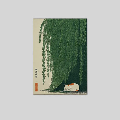 Cat Under Willow Tree Wall Art, Japanese Style Poster Full Size 24''x36''