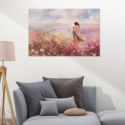 Jesus Embraces Lamb Canvas Wall Art, Pink The Lost Lamb Size 24''x36''