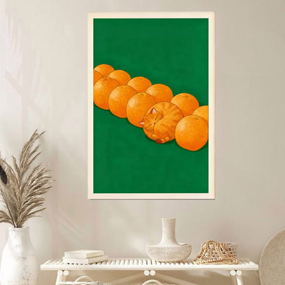 Orange Cat Wall Art Poster, Fruit Cat Illustration Poster Full Size 24''x36''