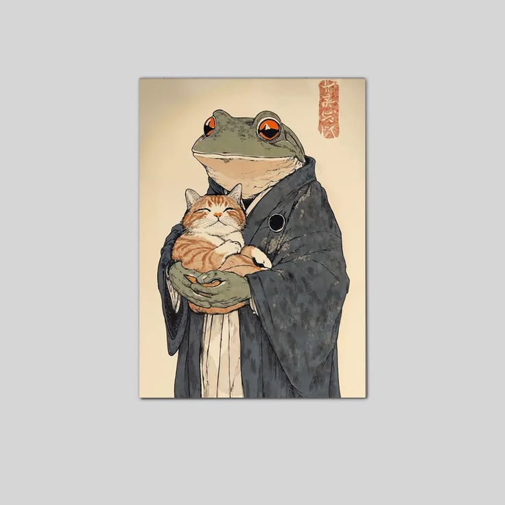 Lucky Shop Frog Holding Cat Anime Art, Japanese Poster Full Size 24''x36''
