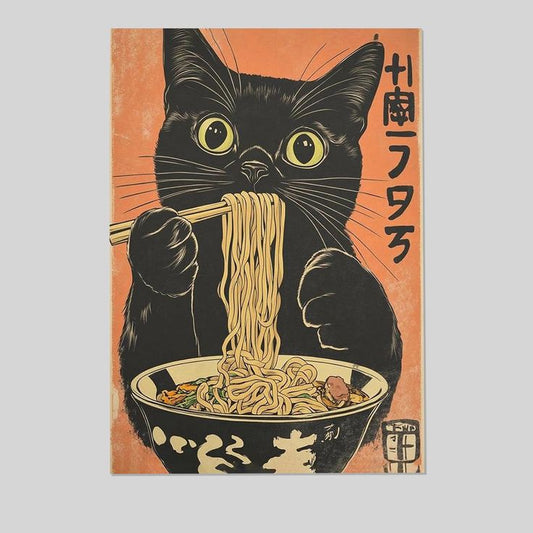 Generic Vintage Japanese Noodle Black Cat Canvas Poster Size 24''x36''