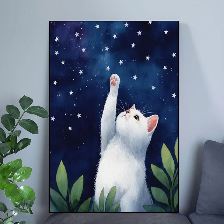 White Cat Reaching Stars Poster Full Size 24''x36''