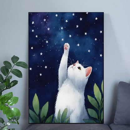 White Cat Reaching Stars Poster Full Size 24''x36''