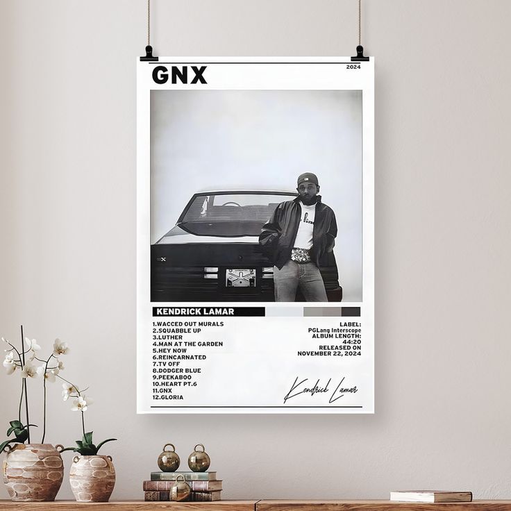 Kendrick Lamar Cover Canvas Wall Art, GNX Album Monochrome Hip-Hop Poster Size 24''x36''