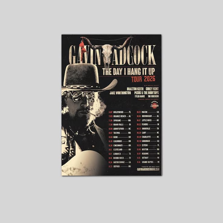 Country Music Tour Poster, Gavin Adcock Wall Art, Western Cowboy Concert Print, Rustic Americana Fan Gift