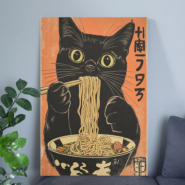Generic Vintage Japanese Noodle Black Cat Canvas Poster Size 24''x36''
