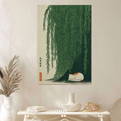 Cat Under Willow Tree Wall Art, Japanese Style Poster Full Size 24''x36''