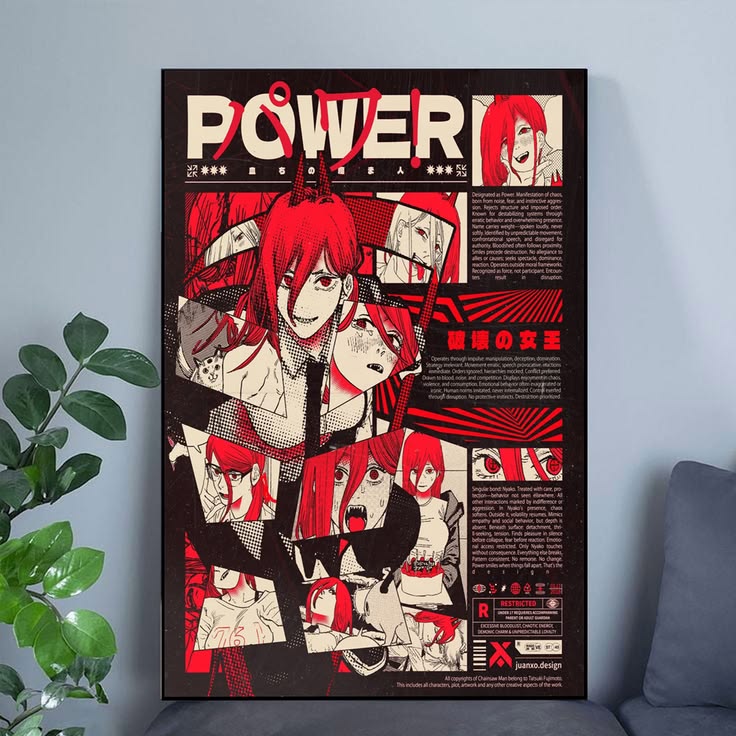 Power - Chainsaw Man, Manga Style Red and Black Wall Art Poster Size 24''x36''