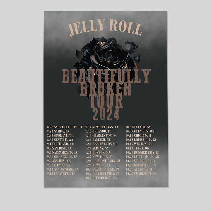 Jelly Roll Tour Poster, Beautifully Broken Concert Country Music  Size 24''x36''