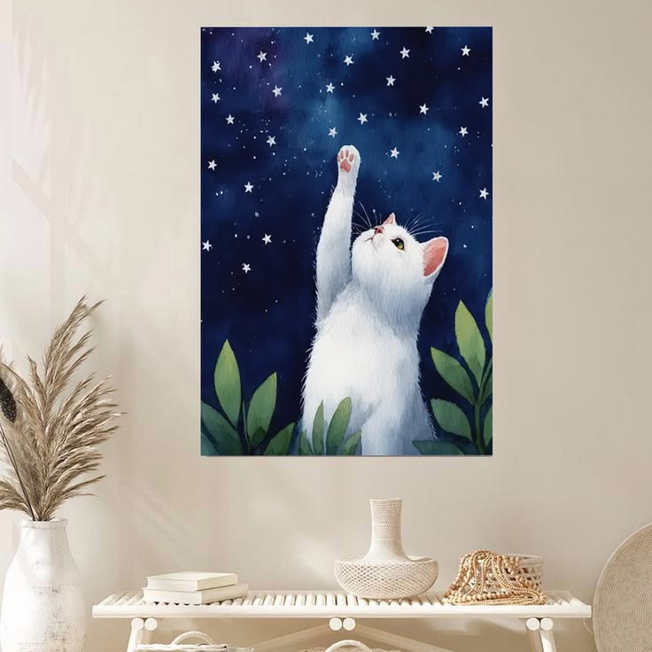 White Cat Reaching Stars Poster Full Size 24''x36''