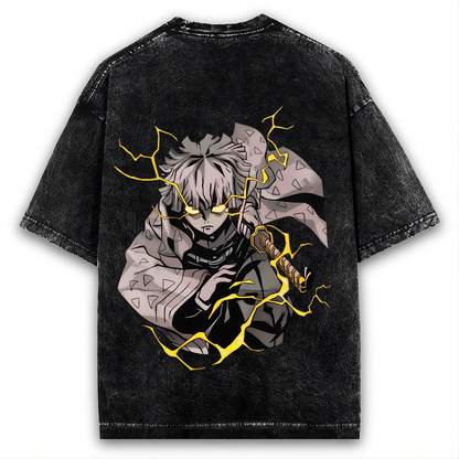 2-SIDED ZENITSU AGATSUMA "THUNDER BREATHING" DEMON SLAYER VINTAGE WASHED TEE