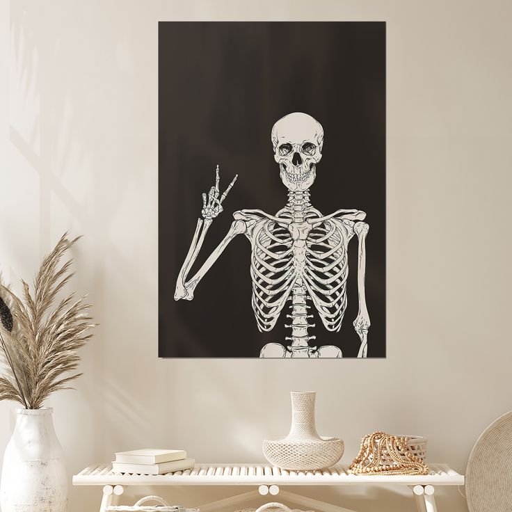 Funny Black Skeleton Canvas Wall Art Spooky Decor Halloween Poster High Hand Peace Print Bones Minimalist Background Size 24''x36''