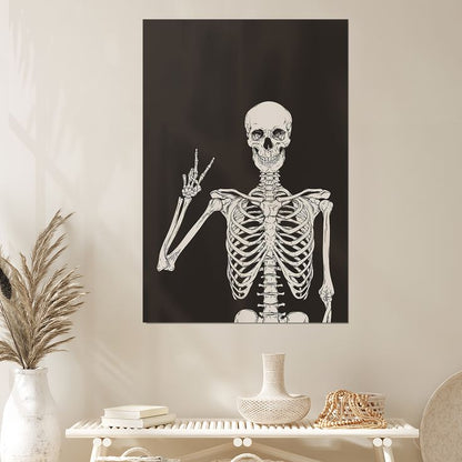 Funny Black Skeleton Canvas Wall Art Spooky Decor Halloween Poster High Hand Peace Print Bones Minimalist Background Size 24''x36''