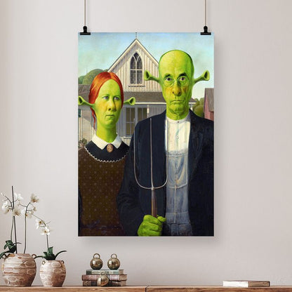 American Gothic Style Shrek-Inspired Wall Art Poster for Home, Office, Bedroom, or Living Room Décor - Fun Pop Culture & Modern Art Piece Size 24''x36''