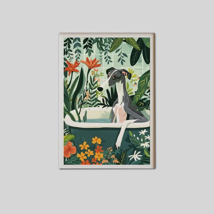 Greyhound Wall Art, Boho Jungle Bathtub Poster Full Size 24''x36''