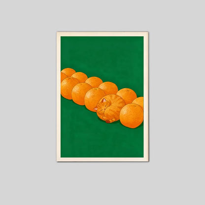 Orange Cat Wall Art Poster, Fruit Cat Illustration Poster Full Size 24''x36''