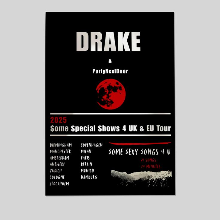 Drake UK EU Tour 2025 Concert Poster - Drake and PartyNextDoor  Drake Tour Wall Art Size 24''x36''