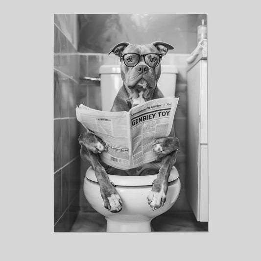 Vintage Dog Reading Newspaper Poster Pitbull Sitting On Toilet Retro Black And White Animal For Home Bathroom Toilet Restroom Size 24''x36''