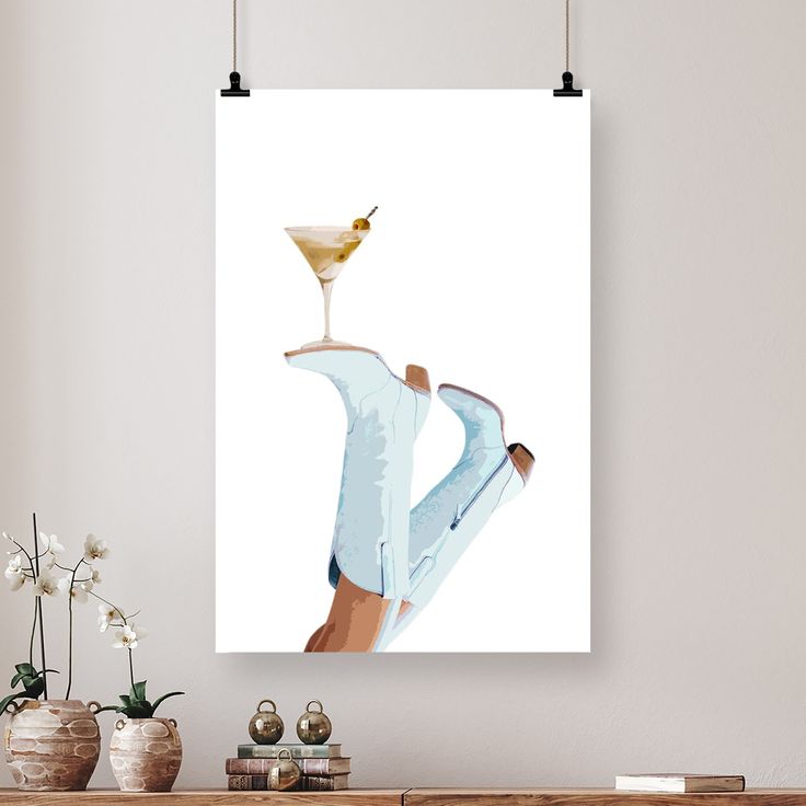 Retro Coastal Cowgirl Wall Art, Trendy Cowgirl Martini Poster, Coquette Light Blue Cowboy Boots Picture, Preppy Western Rodeo Poster, Alcohol Dry Martini Print Size 24''x36''
