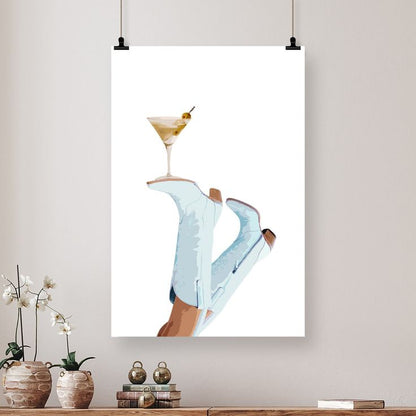 Retro Coastal Cowgirl Wall Art, Trendy Cowgirl Martini Poster, Coquette Light Blue Cowboy Boots Picture, Preppy Western Rodeo Poster, Alcohol Dry Martini Print Size 24''x36''