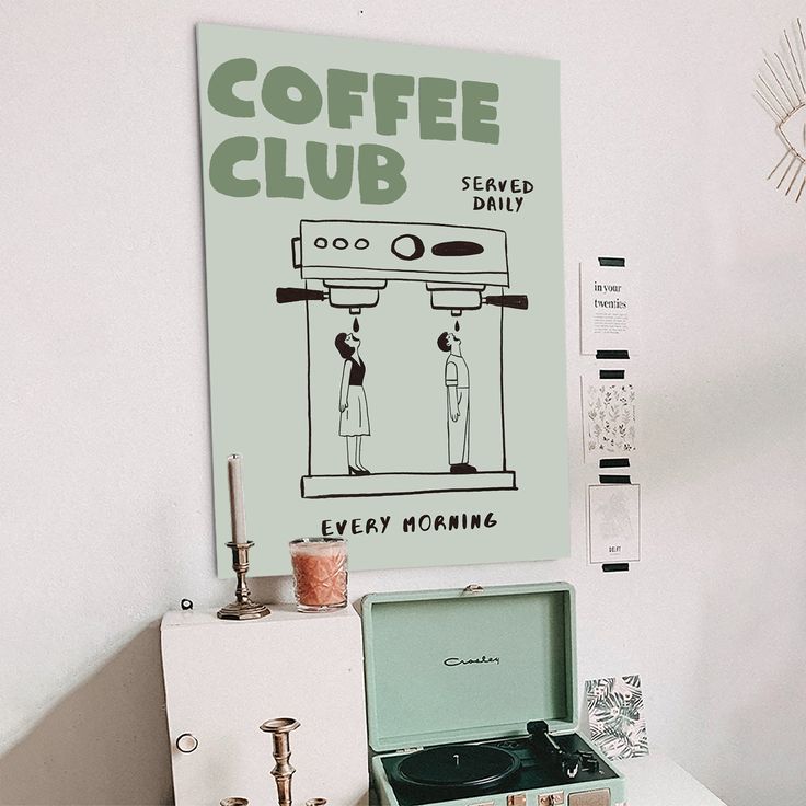 Kitchen Poster - Coffee Club Hand Drawn Retro, Fun Kitchen Illlustration - Size 24x36