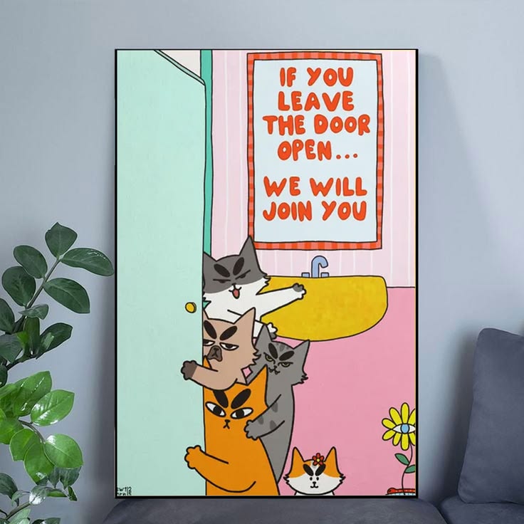 Pastel Bathroom Wall Art, Humorous Cat Illustration Poster Full Size 24''x36''