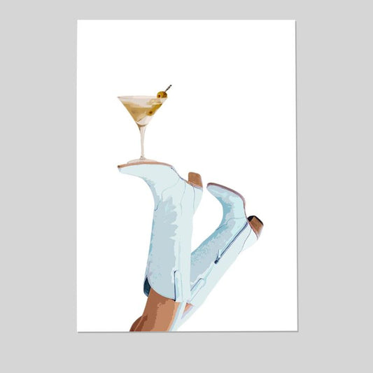 Retro Coastal Cowgirl Wall Art, Trendy Cowgirl Martini Poster, Coquette Light Blue Cowboy Boots Picture, Preppy Western Rodeo Poster, Alcohol Dry Martini Print Size 24''x36''