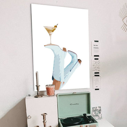 Retro Coastal Cowgirl Wall Art, Trendy Cowgirl Martini Poster, Coquette Light Blue Cowboy Boots Picture, Preppy Western Rodeo Poster, Alcohol Dry Martini Print Size 24''x36''