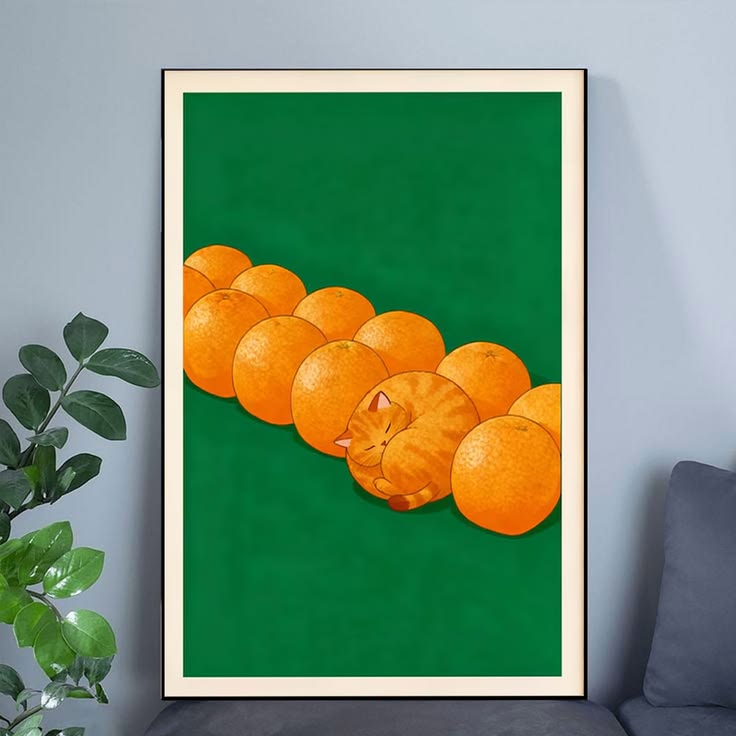 Orange Cat Wall Art Poster, Fruit Cat Illustration Poster Full Size 24''x36''