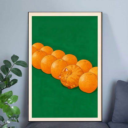 Orange Cat Wall Art Poster, Fruit Cat Illustration Poster Full Size 24''x36''