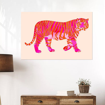 Pink Orange Tiger Wall Art Funky Cute Preppy Animal Poster Trendy Hot Pink Aesthetic Painting Prints for Girly Dorm College Size 24''x36''