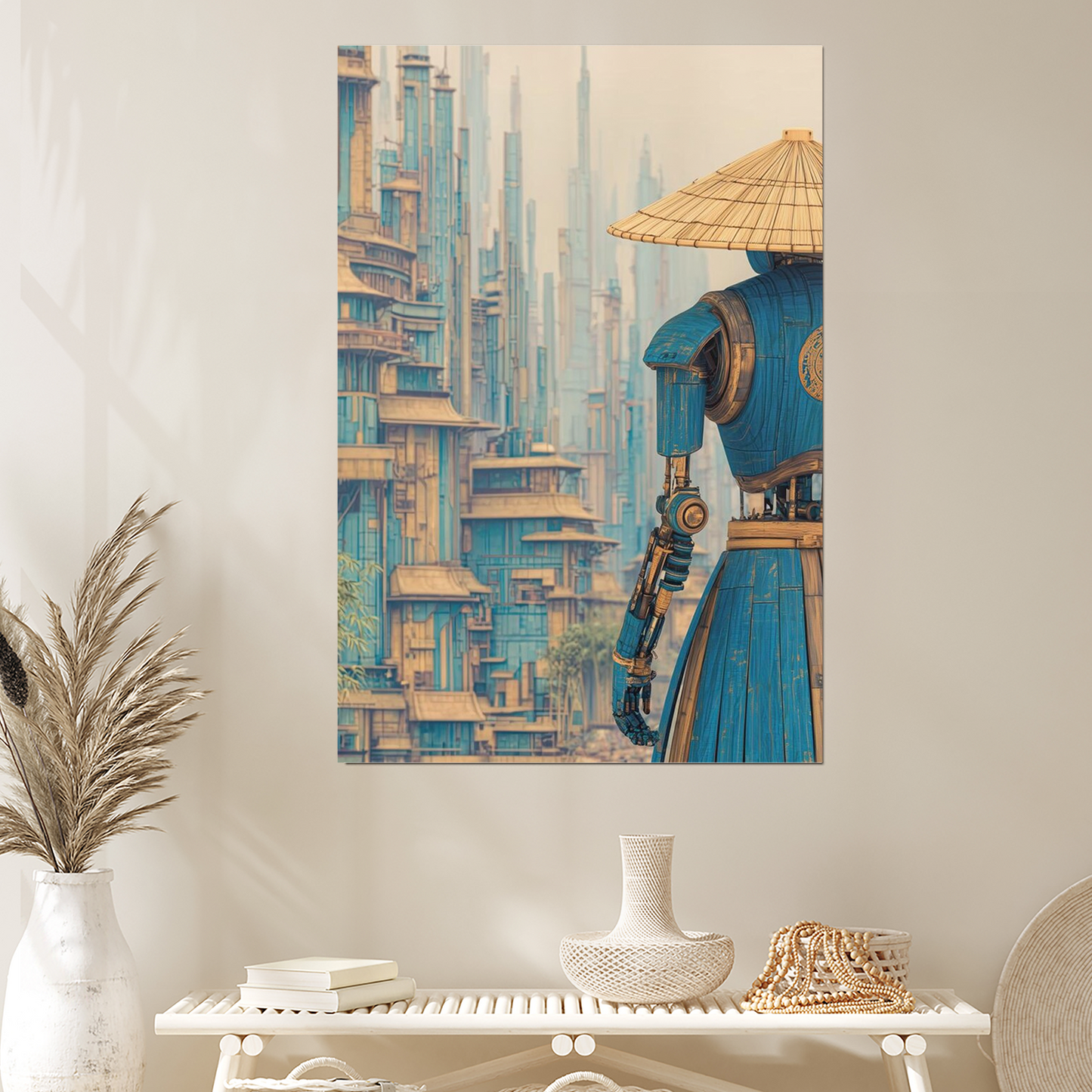 Silent City Watcher – Dreamy Sci-fi Wall Art – Contemplative Robot in Futuristic Metropolis – Retro Solarpunk Mood