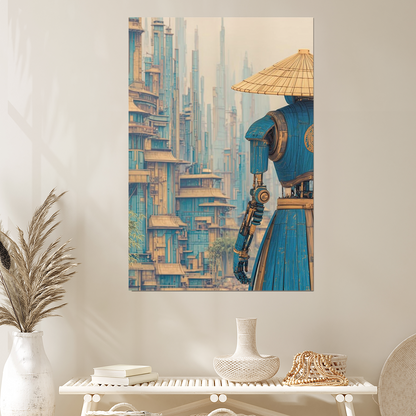 Silent City Watcher – Dreamy Sci-fi Wall Art – Contemplative Robot in Futuristic Metropolis – Retro Solarpunk Mood