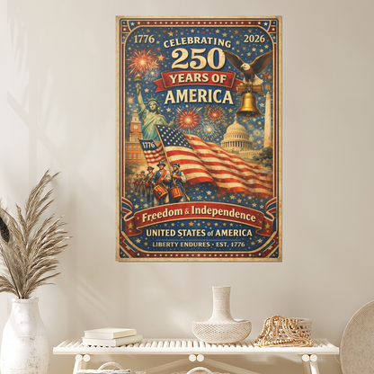 America 250 (1776–2026) Farmhouse Patriotic Decor – Poster Independence Wall Print – Fireworks Art